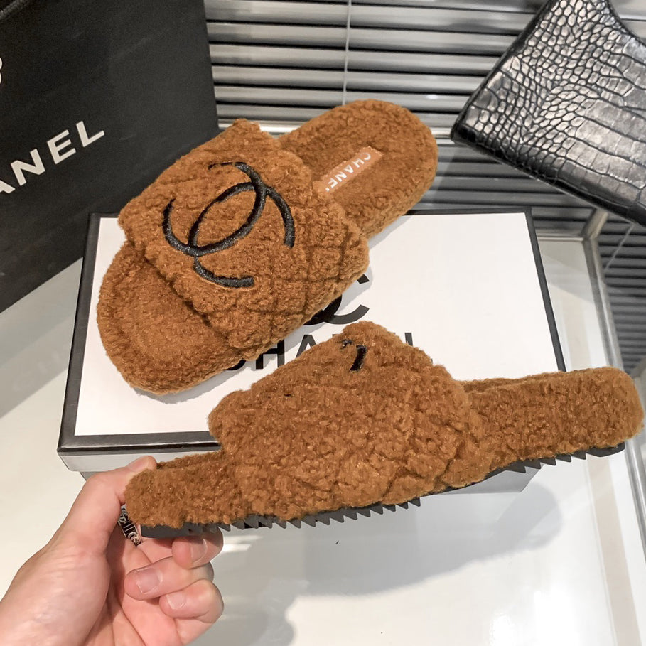 Rhombus Embroidery Fur Slippers
