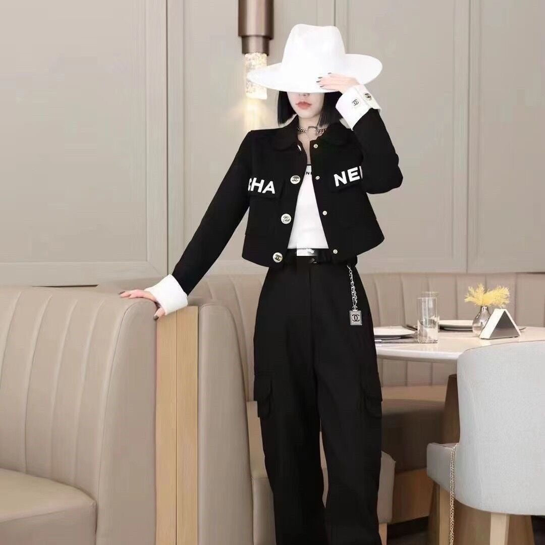 2023 Black and White polo neck pocket autumn and winter coat/Black PD1423090803