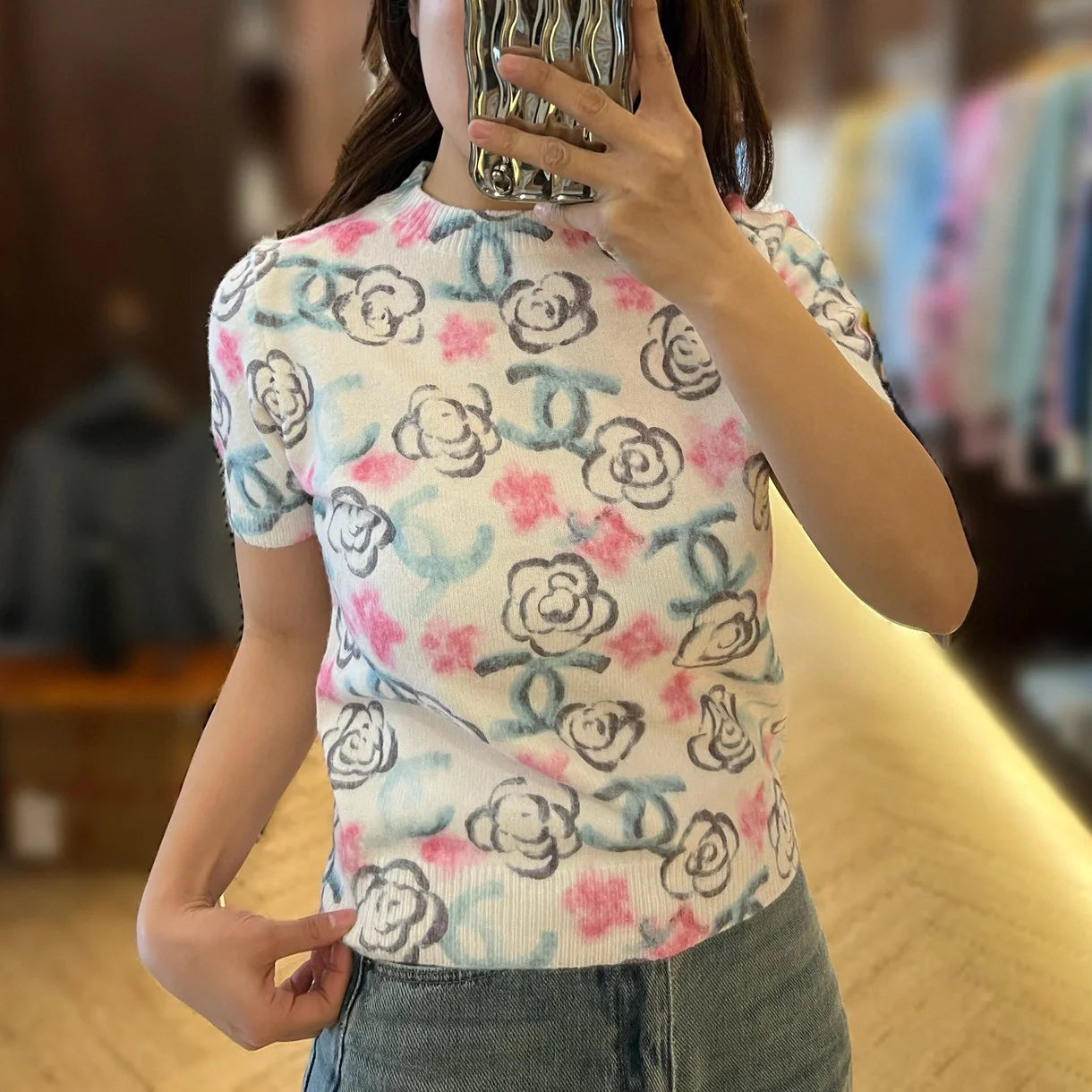 Hand-painted Camellia Double C Print Knit Short Sleeve 1024122306