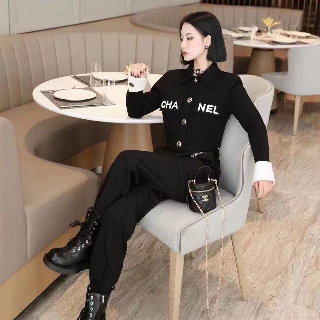 2023 Black and White polo neck pocket autumn and winter coat/Black PD1423090803