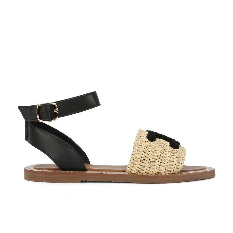 New Fashion Embroidered Hemp Cross Strap Leather Flat Sandals 1024041208