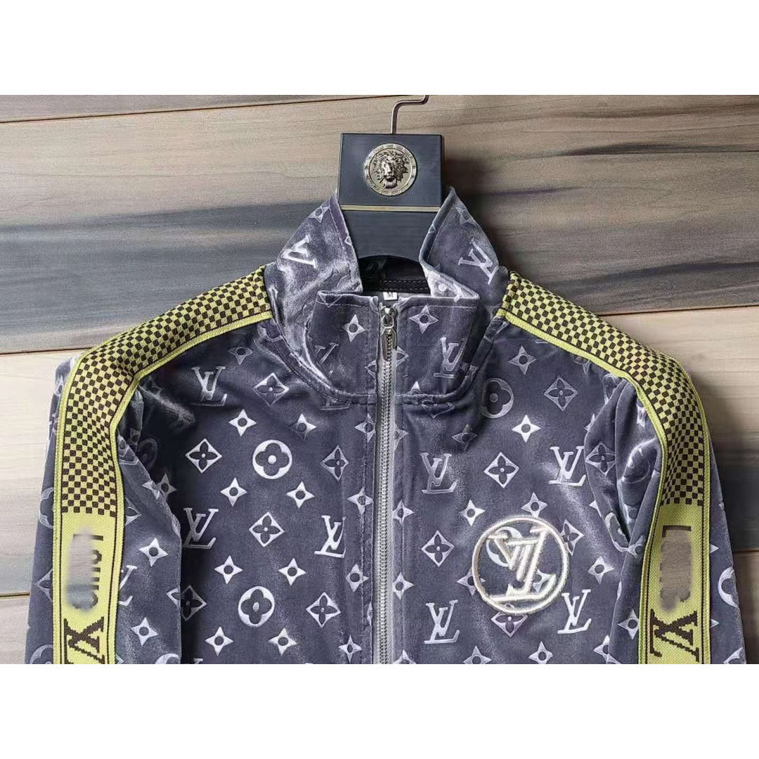 V Grey Embroidered Velvet Suit LXYMC23021505