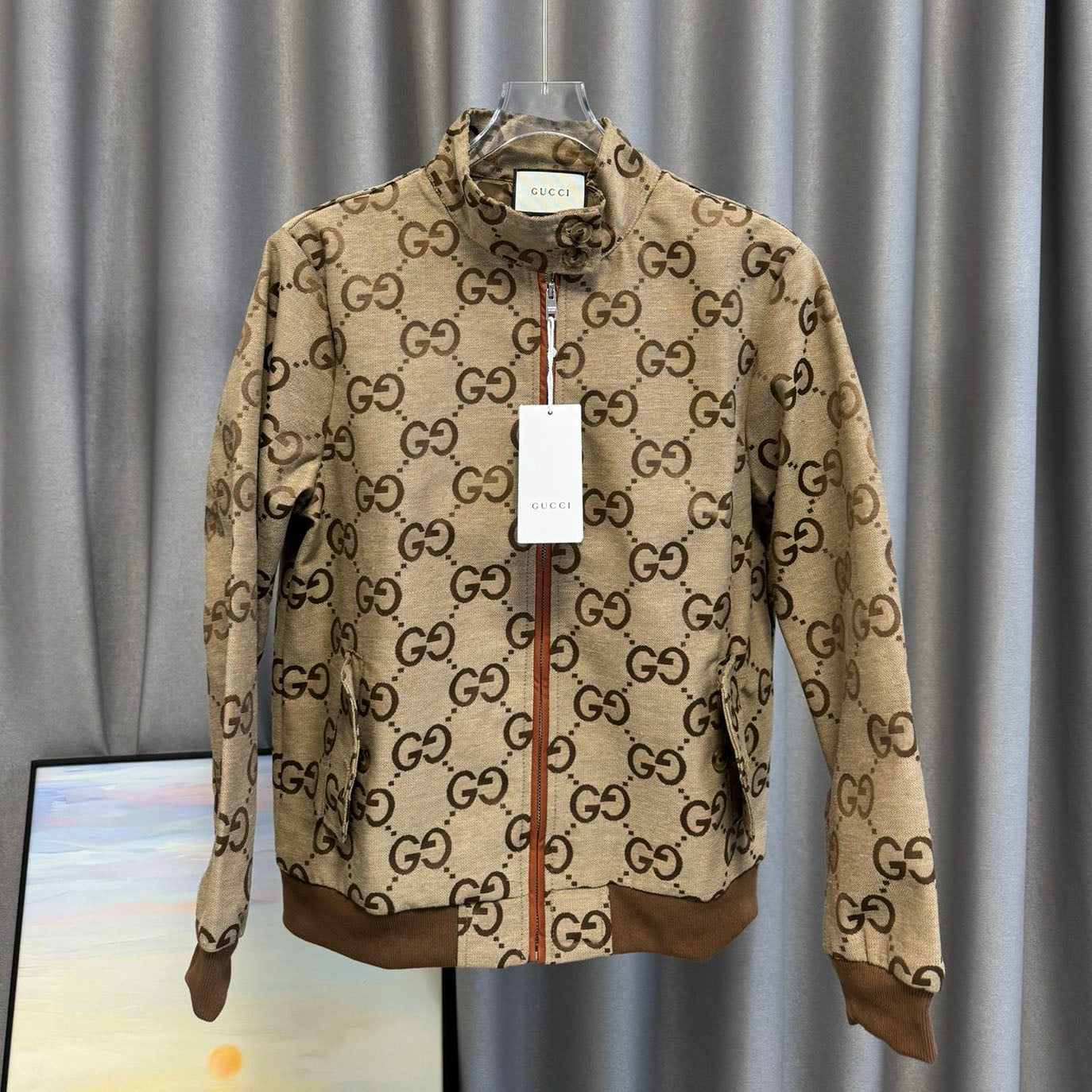 Casual brown letter-printed coat fashion collar zipper design