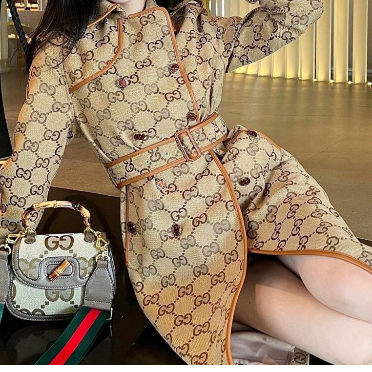Autumn and winter new jacquard and leather edge trench coat double-breasted mid-length retro fashionable temperament coat