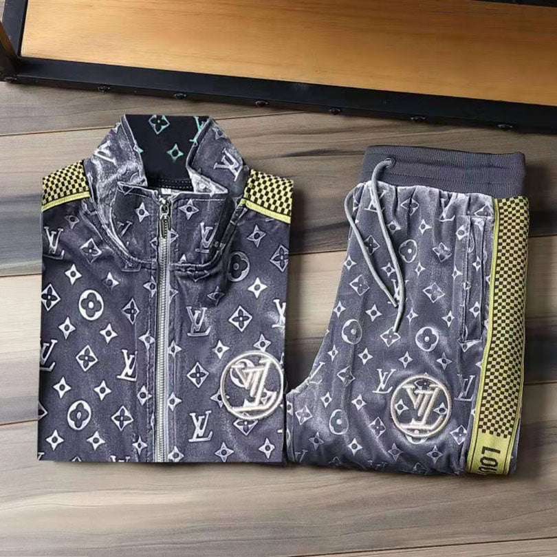 V Grey Embroidered Velvet Suit LXYMC23021505