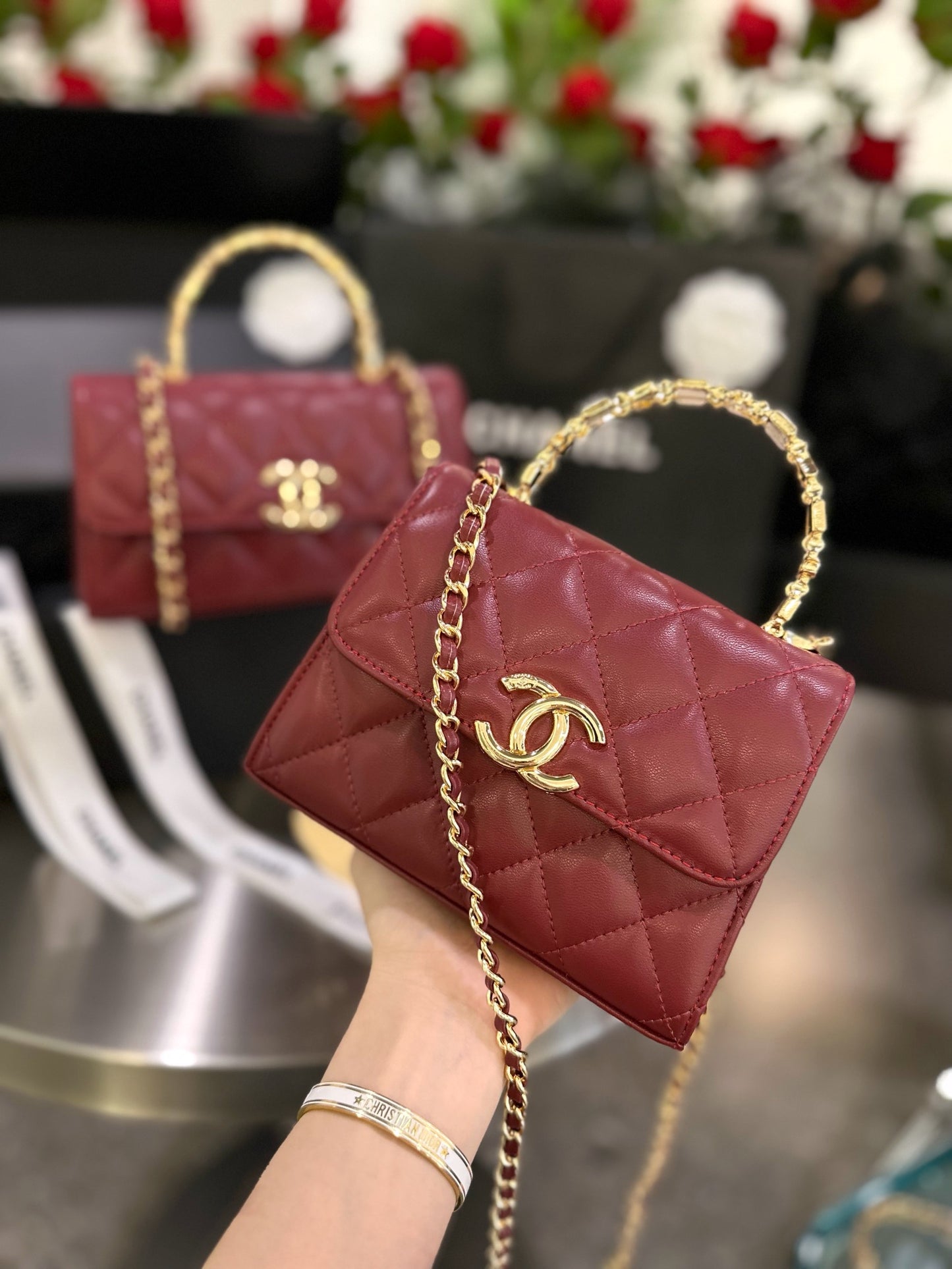 CNL Diamond check wine red chain bag 0724100102