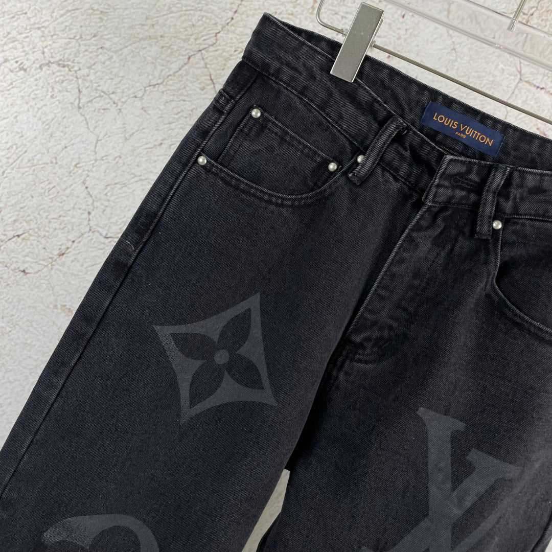 Fashion Casual Printed Black Grey Straight Denim Suit 1025031104