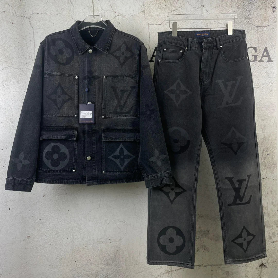 Fashion Casual Printed Black Grey Straight Denim Suit 1025031104