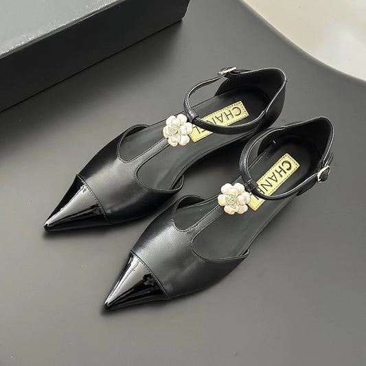 New fashionable leather pointed toe camellia wedge shoes 1024022203