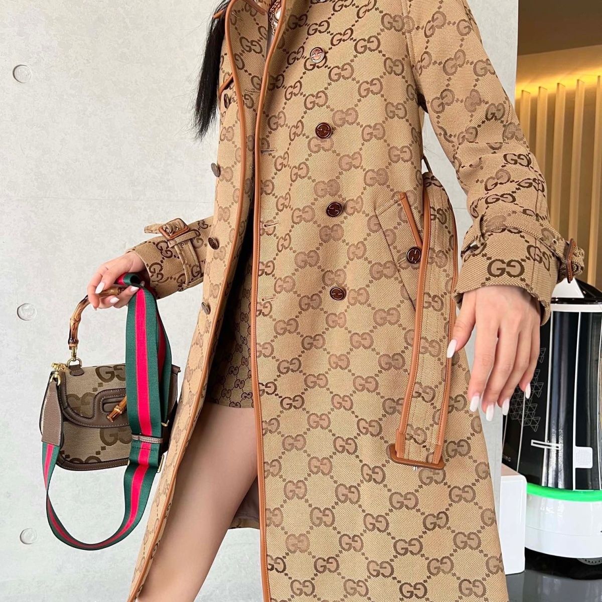 Autumn and winter new jacquard and leather edge trench coat double-breasted mid-length retro fashionable temperament coat