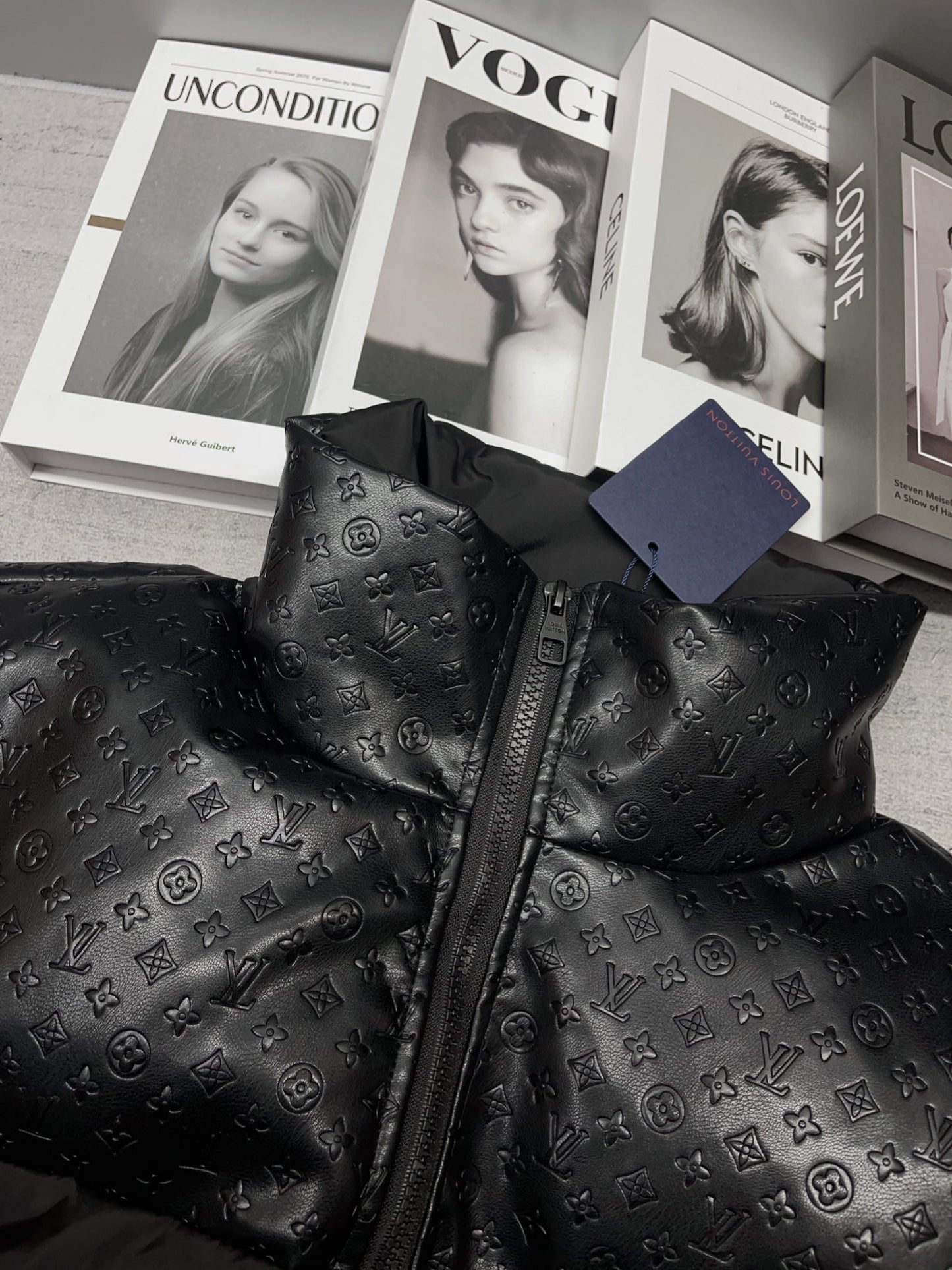 LV Embossed leather panelled stand collar down jacket 1824092904