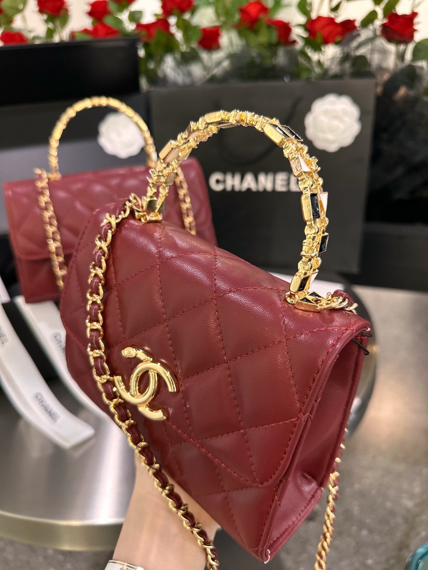 CNL Diamond check wine red chain bag 0724100102