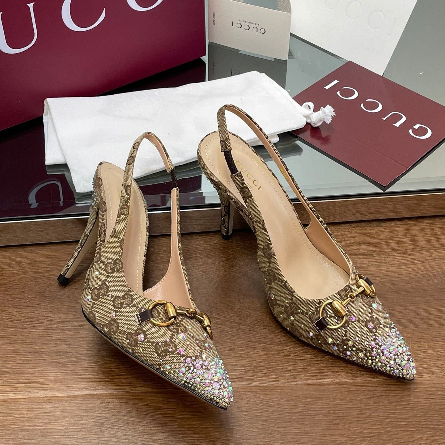 GG Horsebit crystal slingback pumps 1825031003