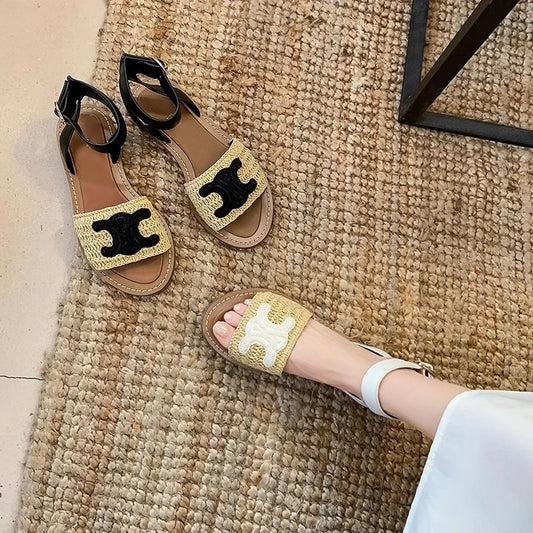 New Fashion Embroidered Hemp Cross Strap Leather Flat Sandals 1024041208