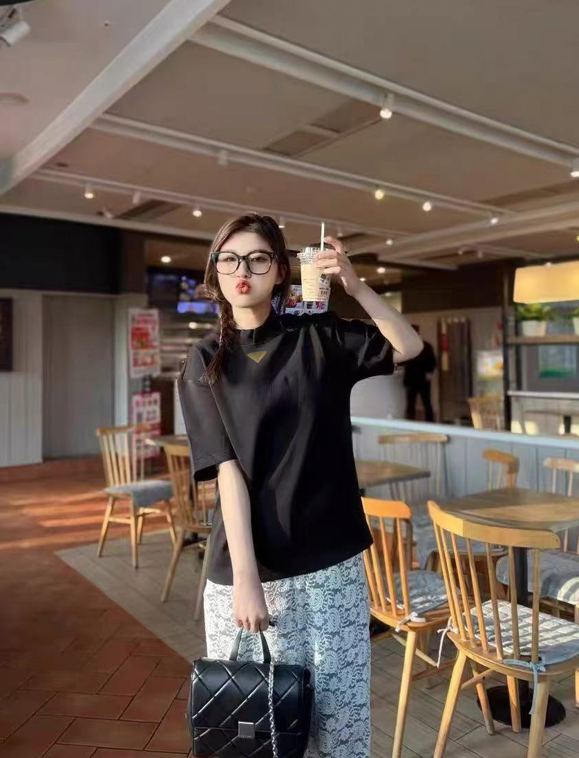 PR Liquid ammonia cotton petal collar straight shoulder T-shirt 1825052002