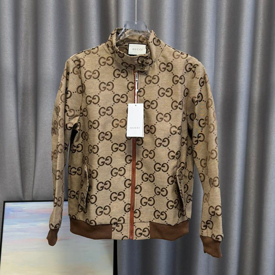 Casual brown letter-printed coat fashion collar zipper design