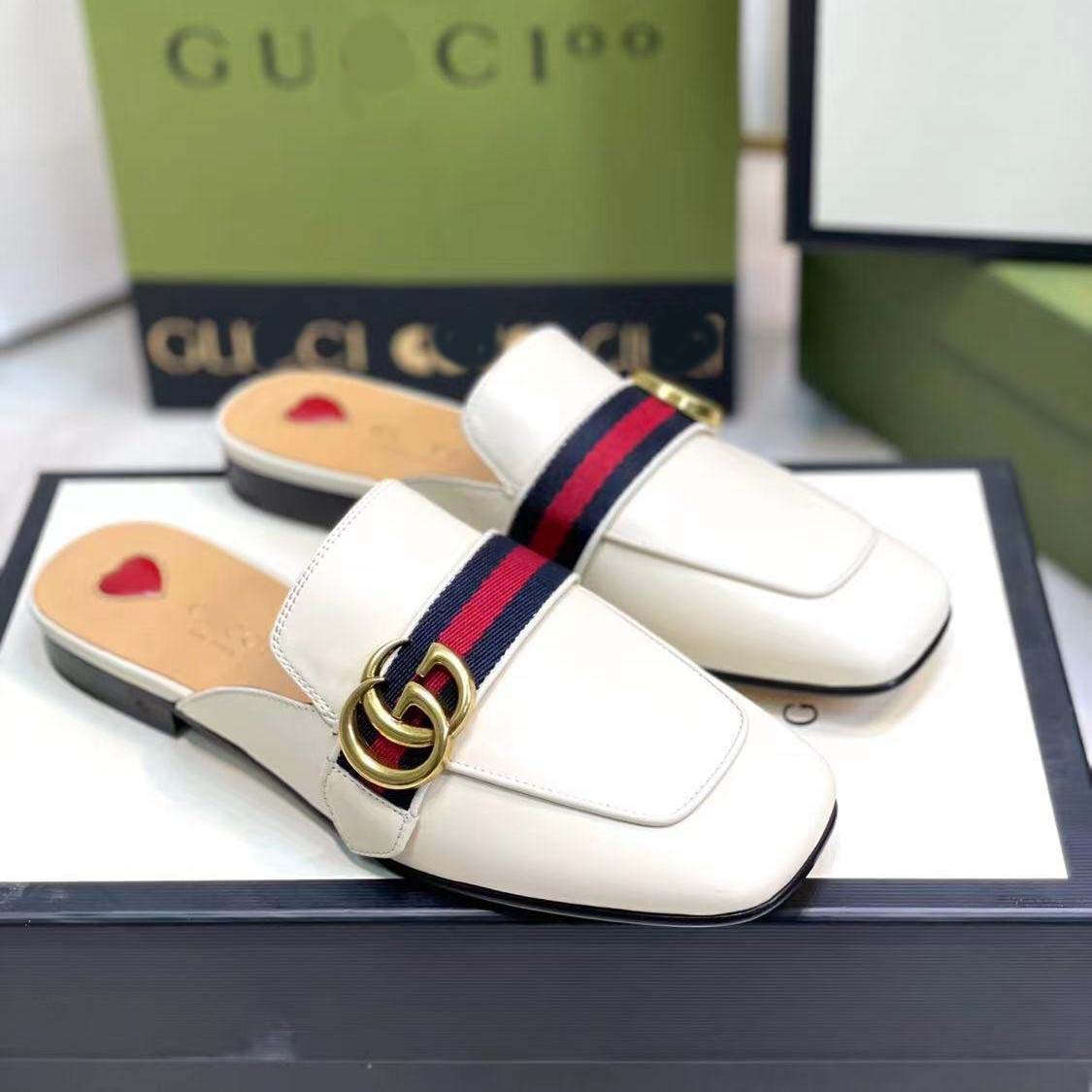 Double G buckle British style black and white half drag small leather shoes