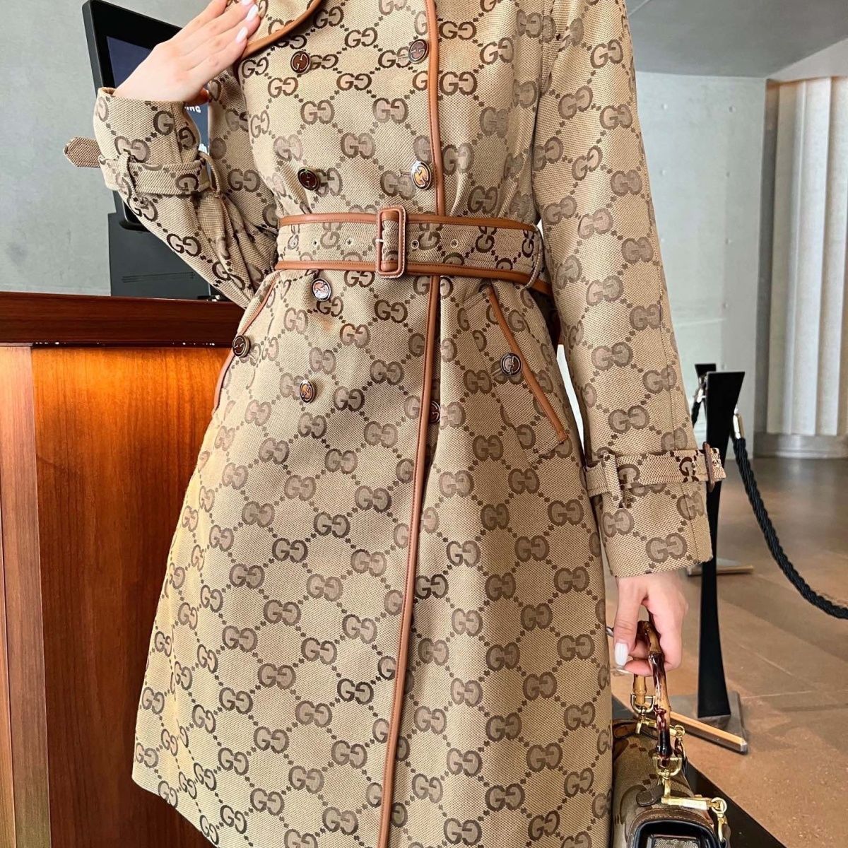 Autumn and winter new jacquard and leather edge trench coat double-breasted mid-length retro fashionable temperament coat
