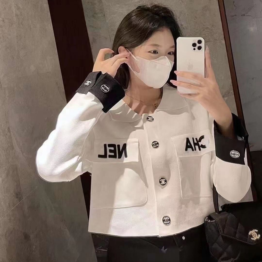 2023 Black and White polo neck pocket autumn and winter coat/Black PD1423090803