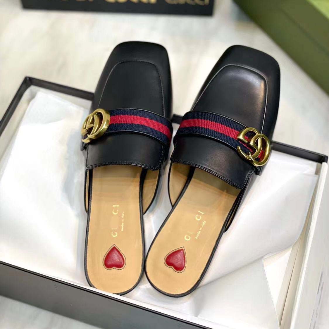 Double G buckle British style black and white half drag small leather shoes