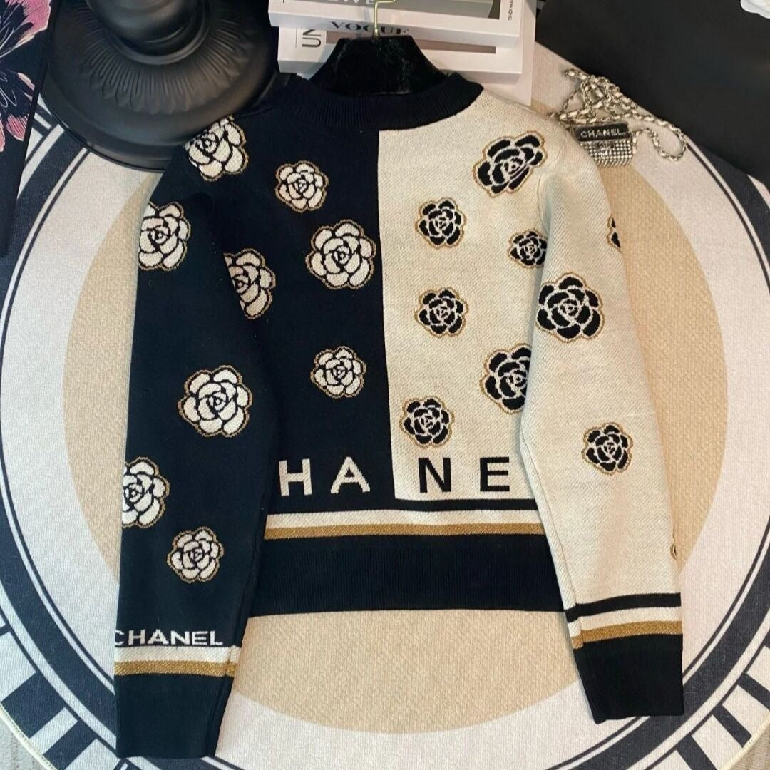 Camellia Small Fragrance Color-block Pullover Sweater Women's Design Sense Elegant op-PD05202312201