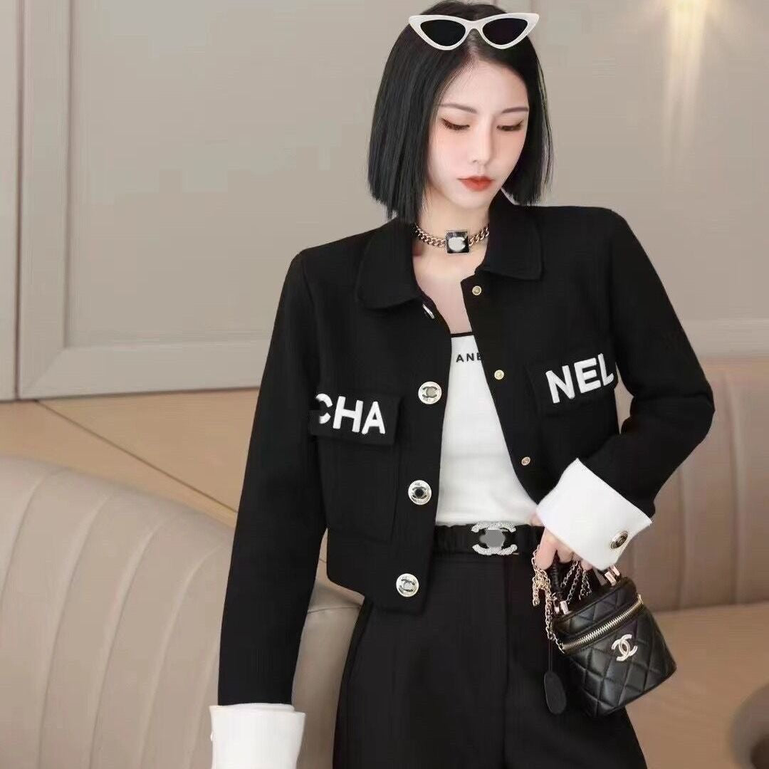 2023 Black and White polo neck pocket autumn and winter coat/Black PD1423090803