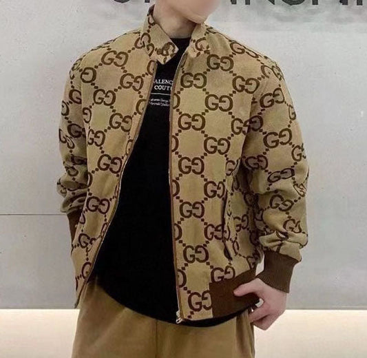 Casual brown letter-printed coat fashion collar zipper design